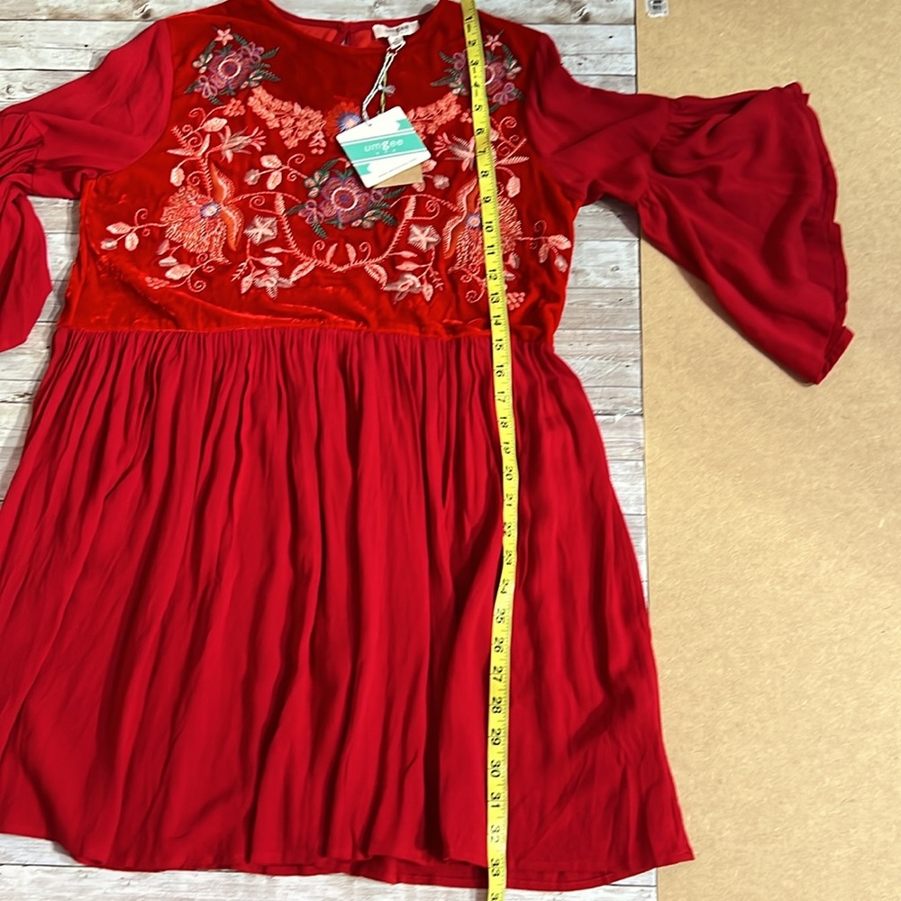 Umgee Women Velvet Shift Mini Dress Red Small Size Embroidered Party Christmas - Picture 9 of 11